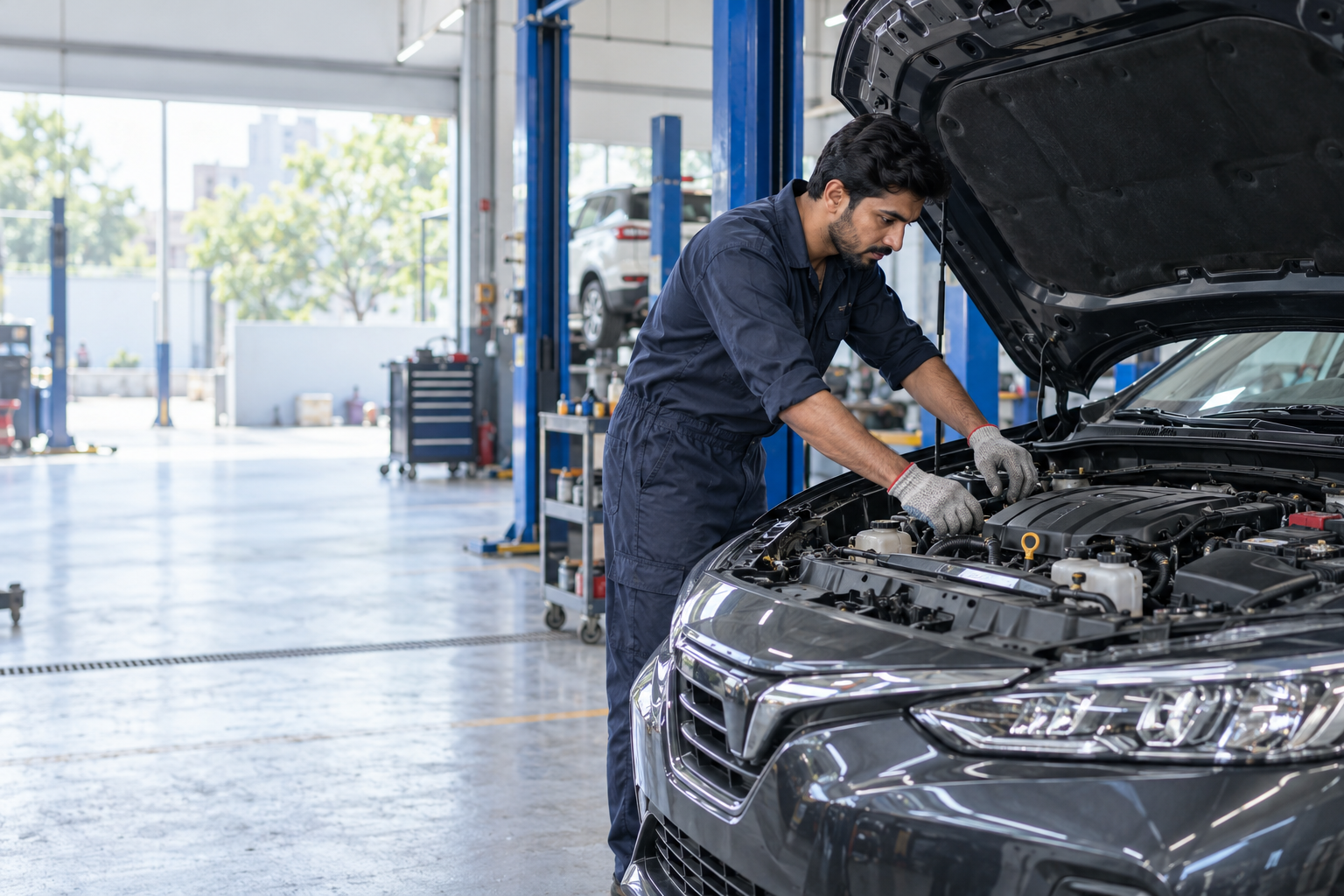 Illustrative scene of a mechanic inspecting a car engine
