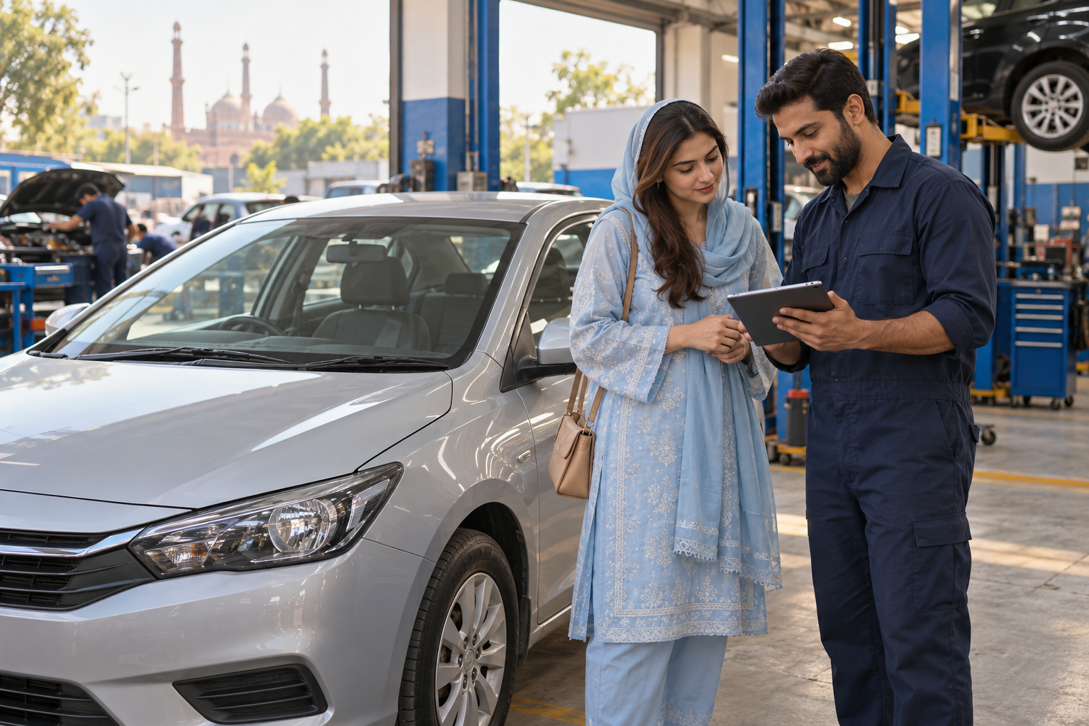 Illustrative scene of a car owner discussing repairs with a mechanic